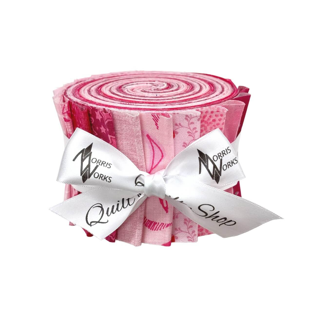 Morris Works Quilt Shop 2.5" strip roll, pink quilting cotton prints in soft and mid pink tones