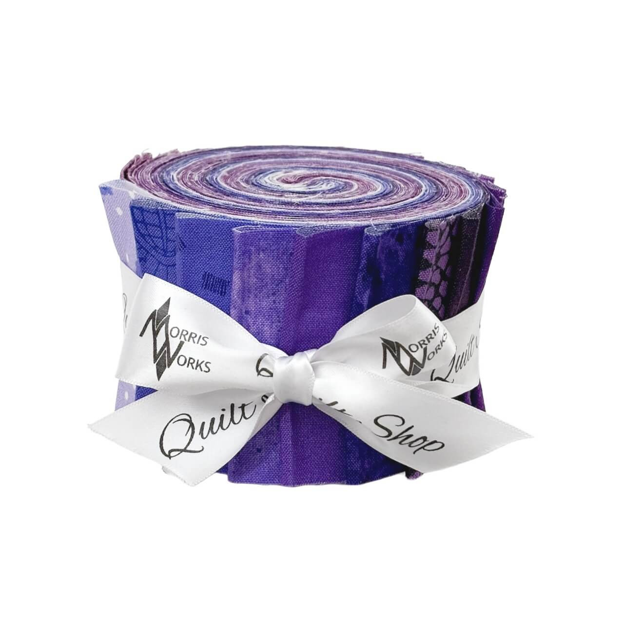 Morris Works Quilt Shop 2.5" strip roll, purple quilting cotton prints in purple, amethyst and fuchsia tones