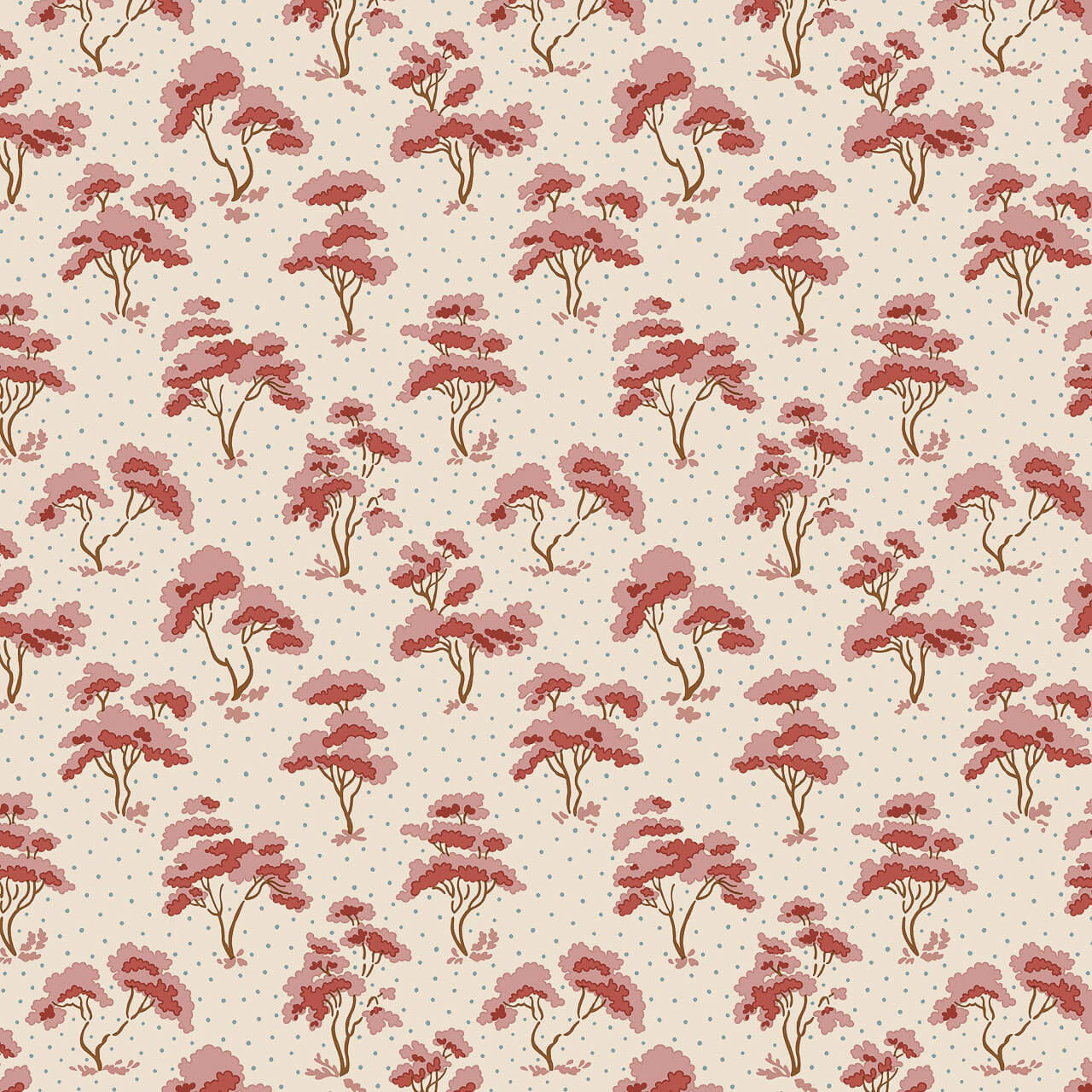 Liberty Autumn Woodland Woodland Wander Rose fabric with scattered rose pink woodland trees and tiny blue speckles on a soft cream background