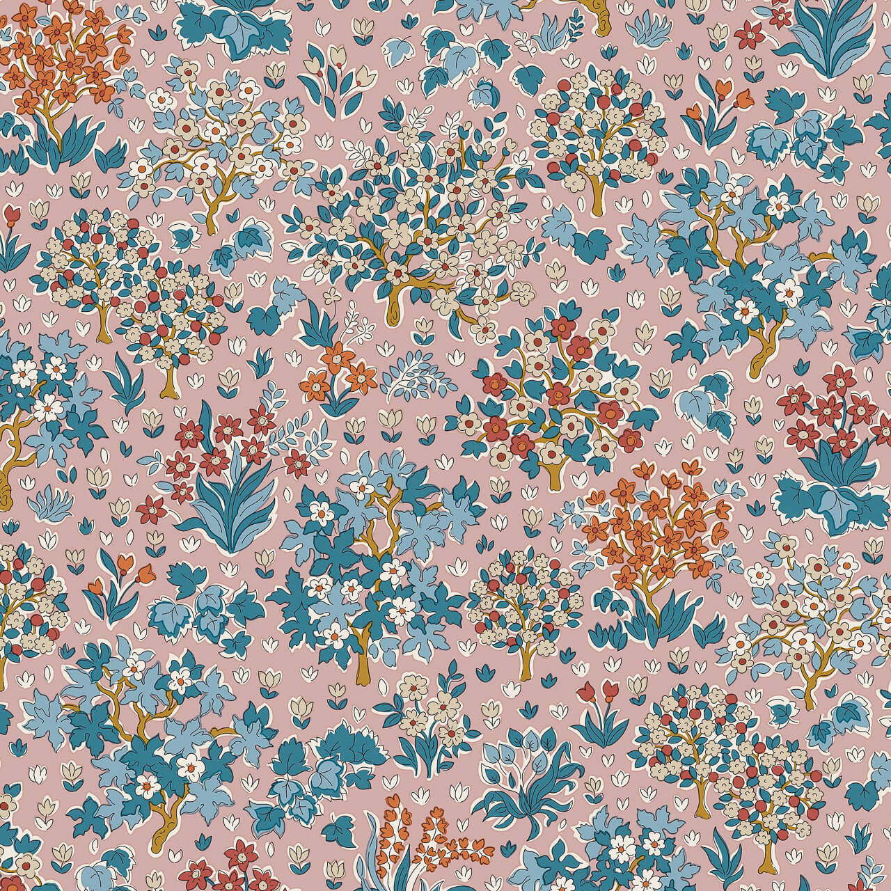 Liberty Autumn Woodland Bountiful Forest Rose fabric with stylised trees, flowers, and woodland details in teal, cream, and ochre on a soft rose pink background