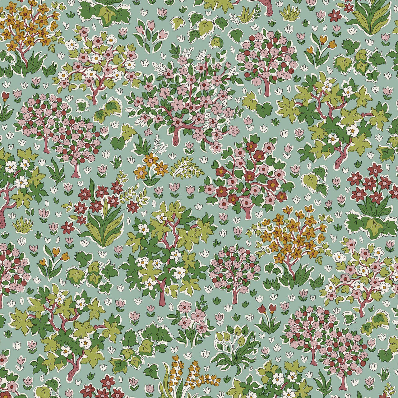 Liberty Autumn Woodland Bountiful Forest Green fabric featuring stylised trees, flowers, and woodland details on a soft green background