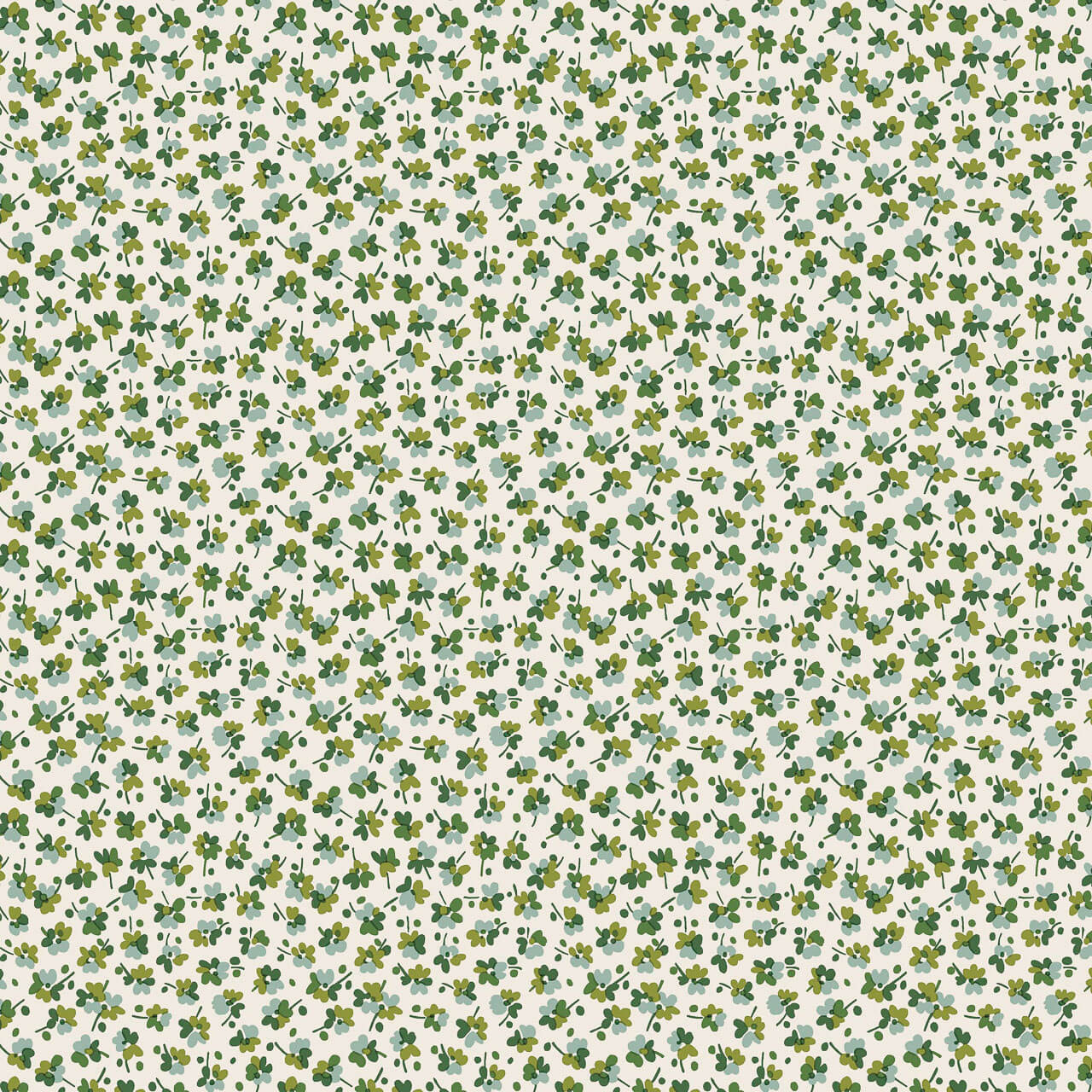 Liberty Autumn Woodland Clover Speckle Green fabric with small clover-like floral speckles in moss and sage green on a soft cream background