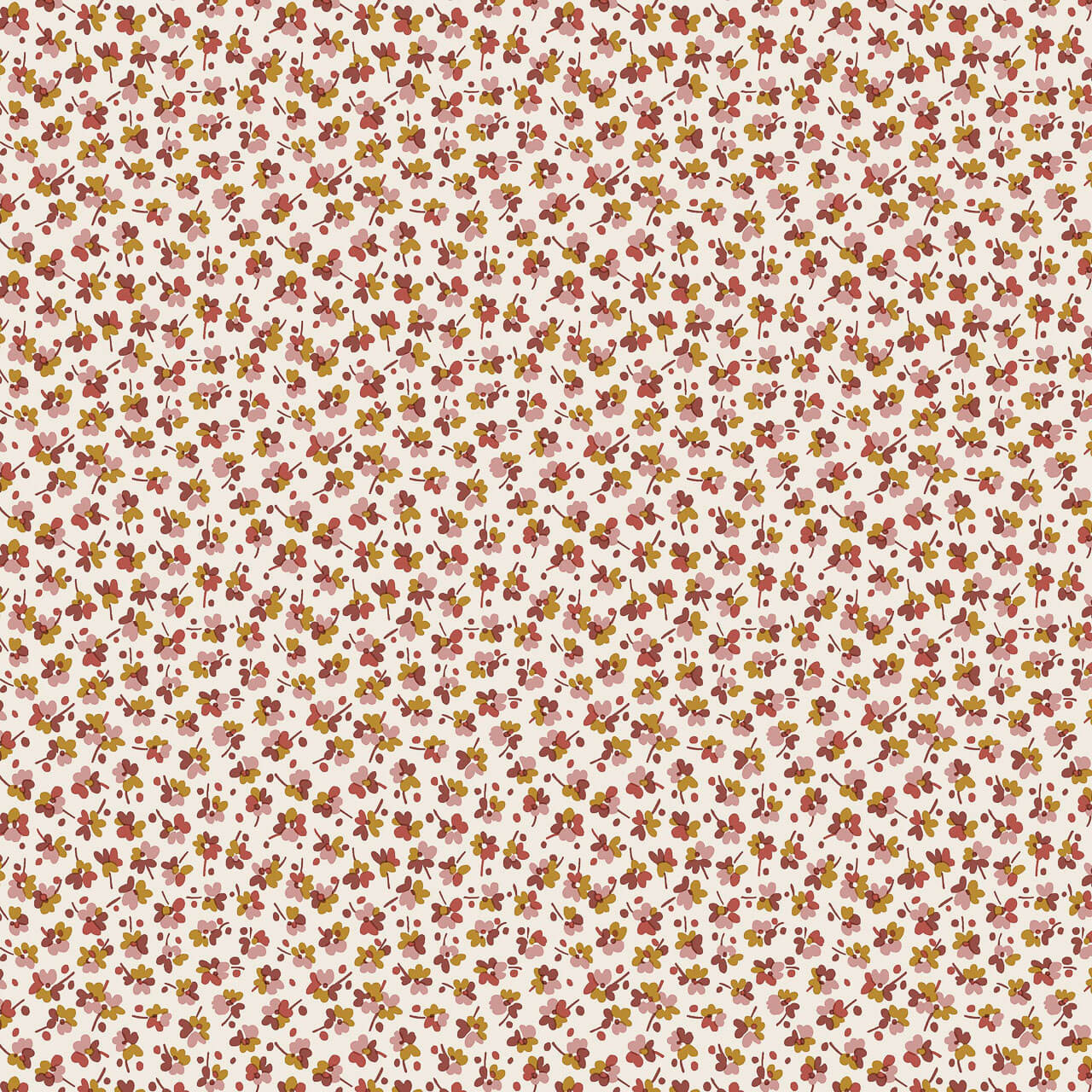 Liberty Autumn Woodland Clover Speckle Rose fabric with small clover-like floral speckles in blush, red and mustard on a pale rose background