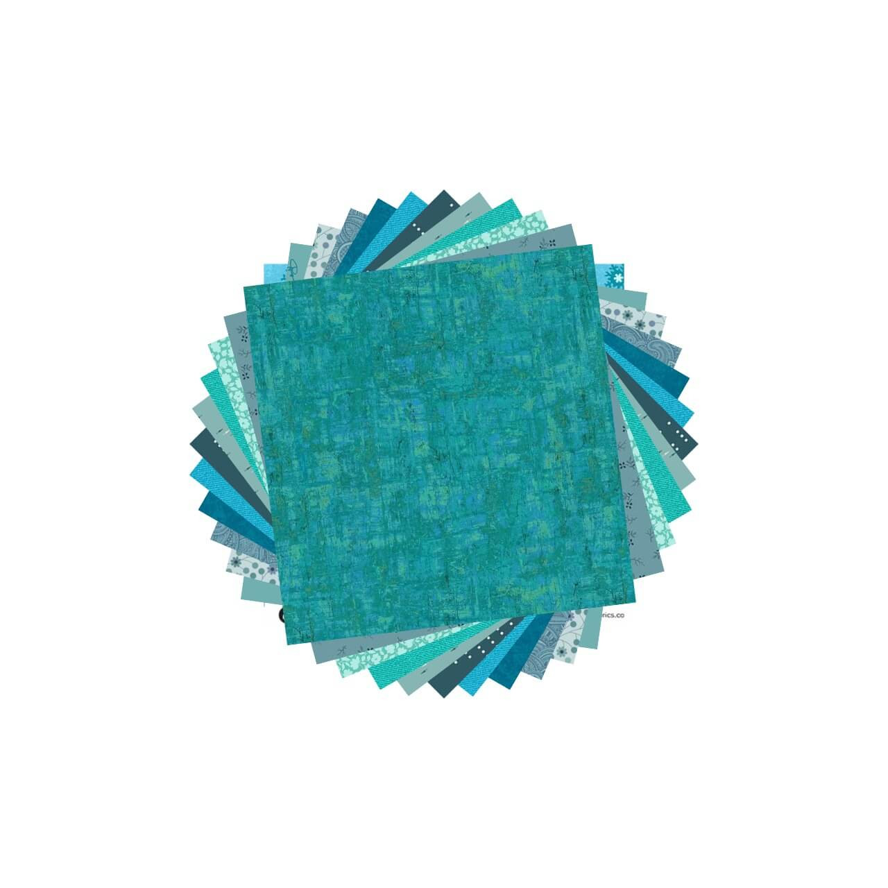 Morris Works Quilt Shop 5" charm squares, teal and aqua quilting cotton prints in sea green, teal, aqua and cyan tones