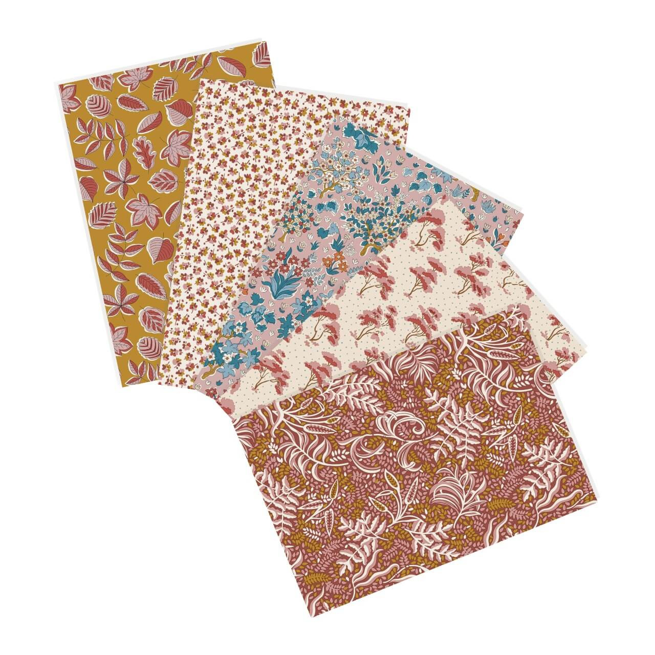 Rosewood Walk fat quarter bundle featuring Liberty Autumn Woodland fabrics in soft rose, mustard, cream, and forest green with woodland leaves, florals, and botanical motifs