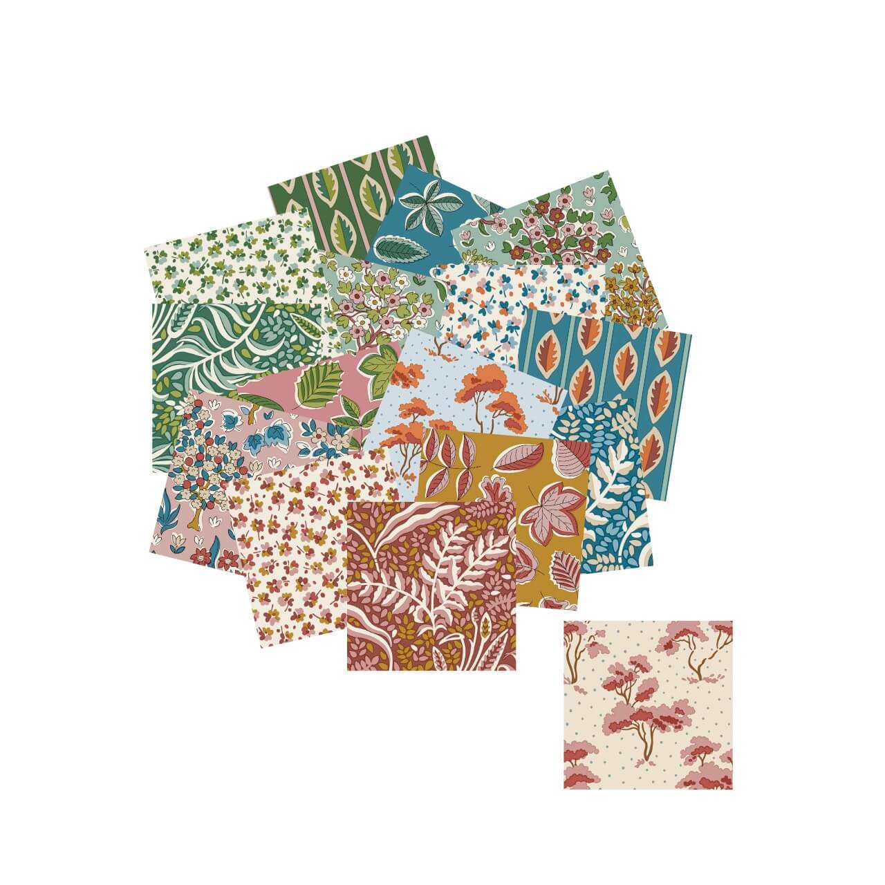 Autumn Woodland 2.5 inch mini charm squares featuring Liberty woodland prints in rose, mustard, green, cream, and botanical motifs