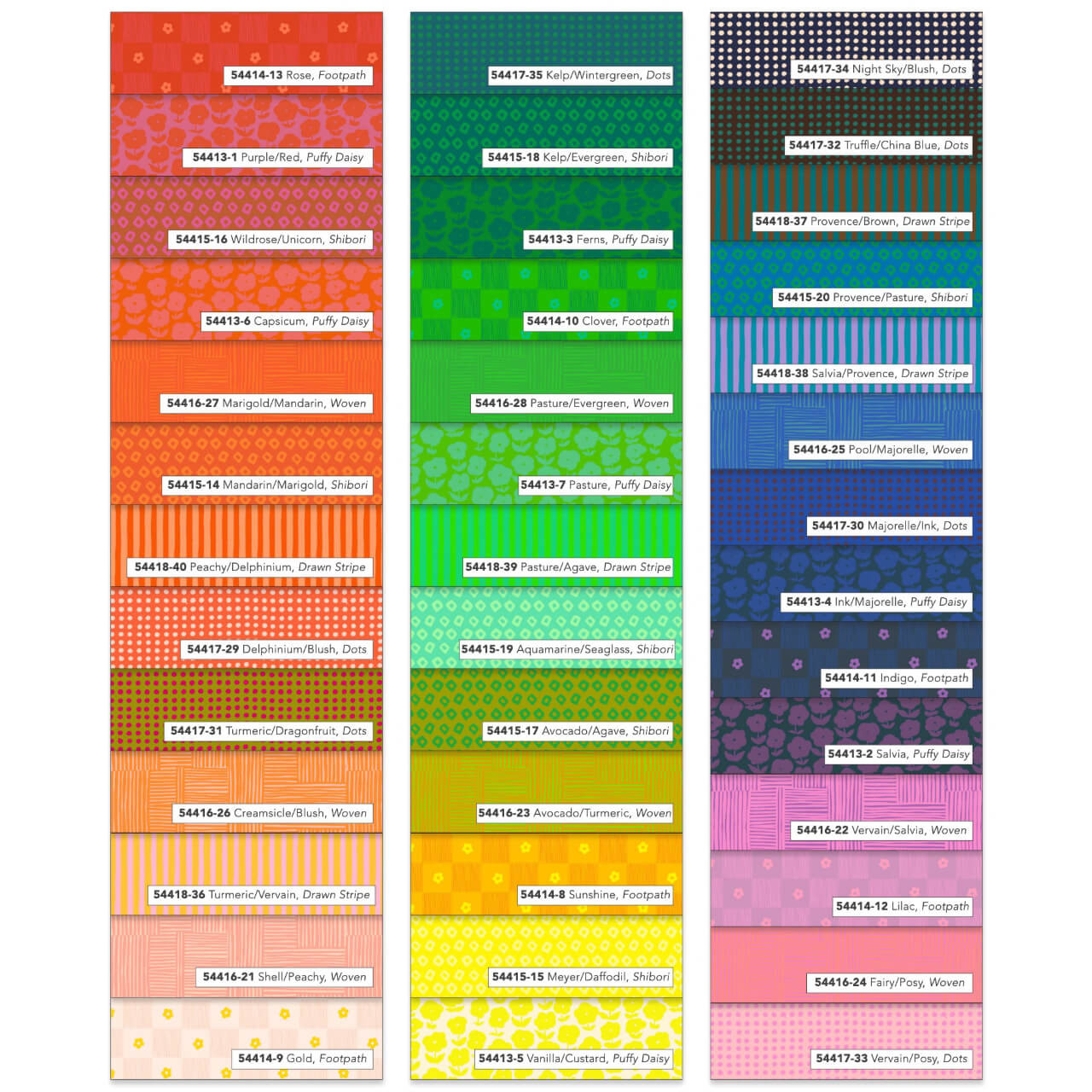 Layers of all 40 Ruby + Bee Blenders fabrics in full colour range