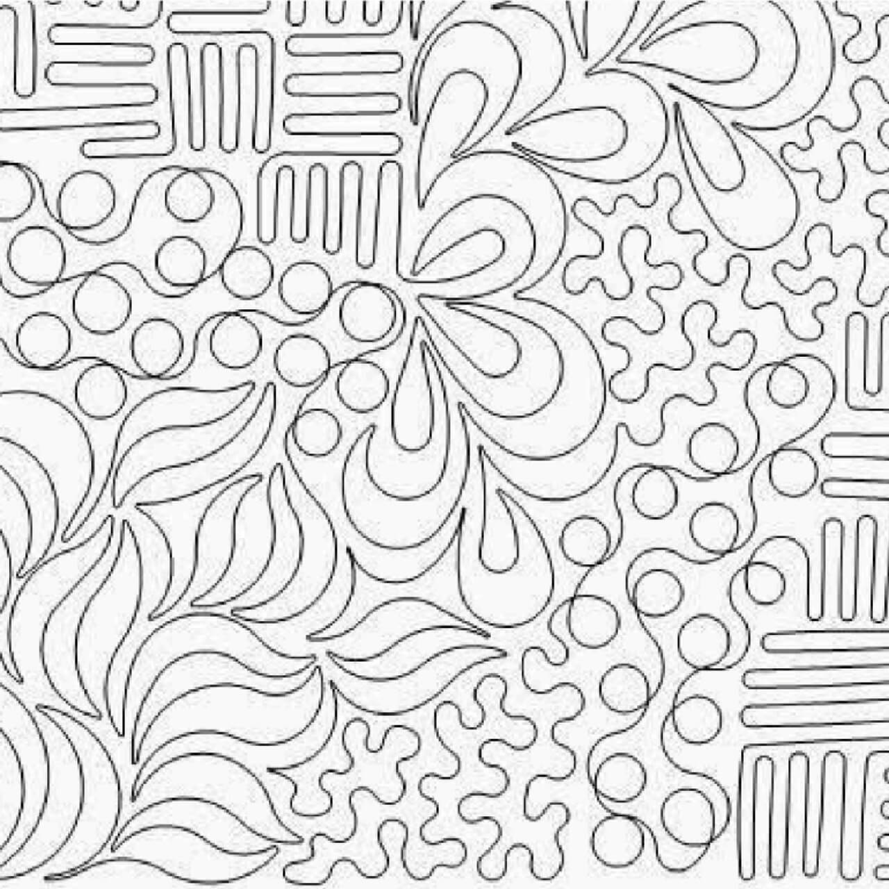 Black-and-white free motion quilting practice design sheet showing beginner-friendly motifs including loops, curves, feathers, pebbles, and straight-line patterns.