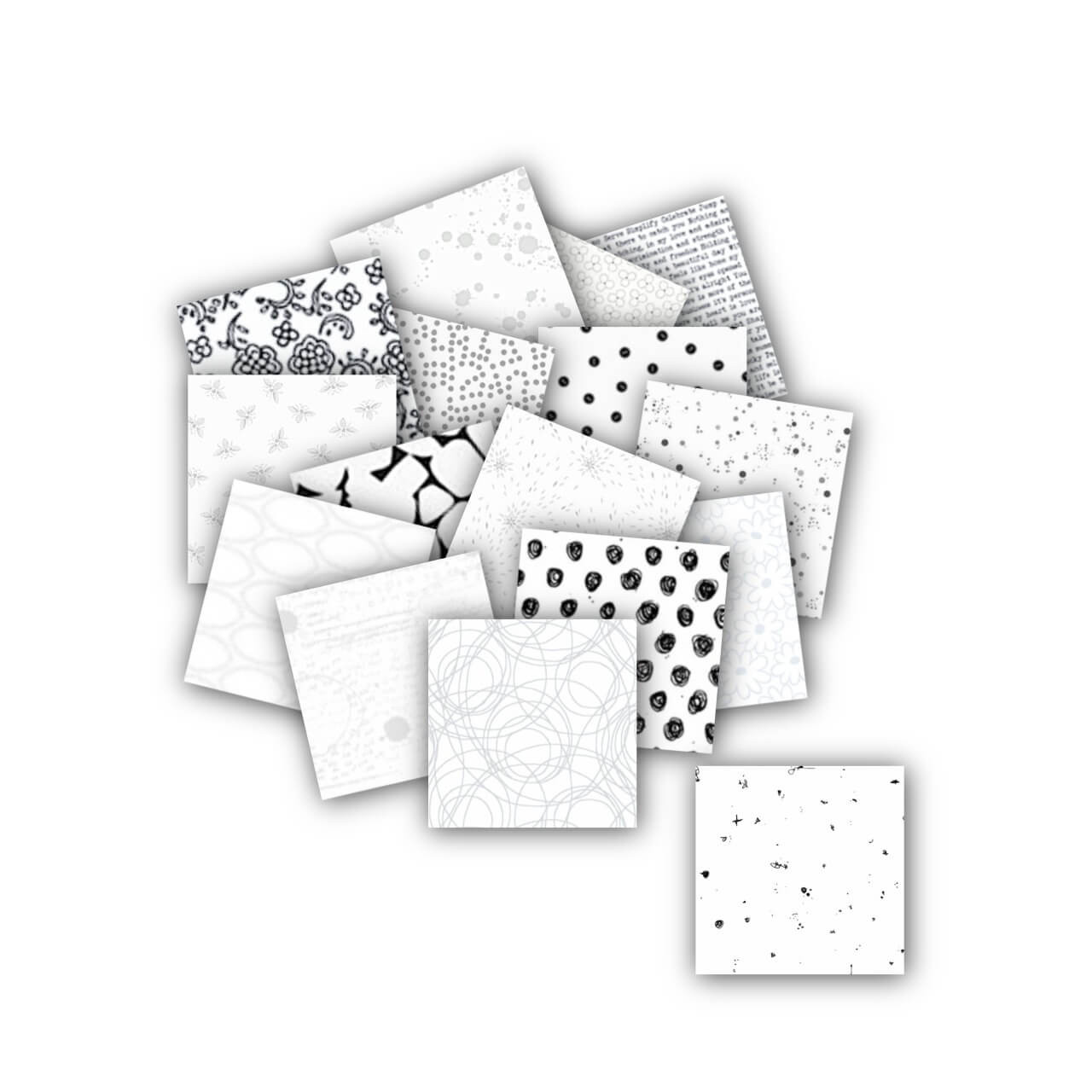White Prints 2.5 inch Mini Charm Pack containing 42 curated white quilting fabric squares with grey and black printed designs cut in-house at Morris Works Quilt Shop