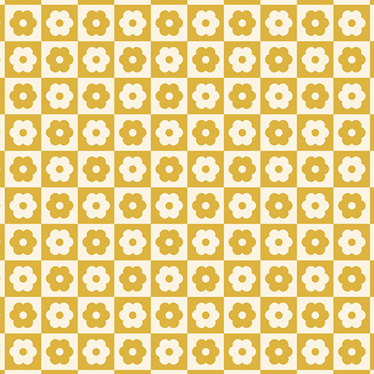 Mellow Checker Bloom fabric from the Birdie collection by Libs Elliott featuring a retro floral checkerboard pattern in soft golden and cream tones.