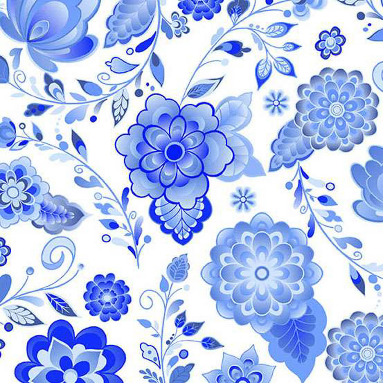 Floret in Delftware fabric featuring layered blue floral motifs on a white background