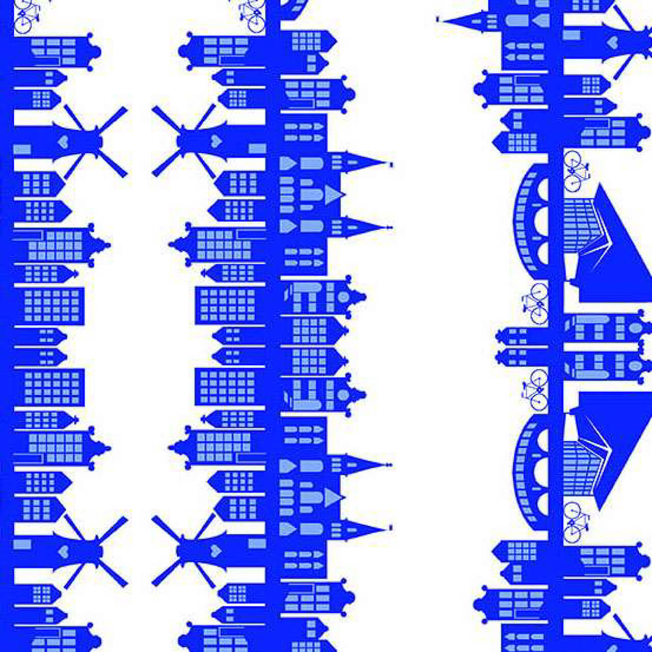 Streets in Delftware fabric featuring stylised Amsterdam buildings and canals in blue on a white background