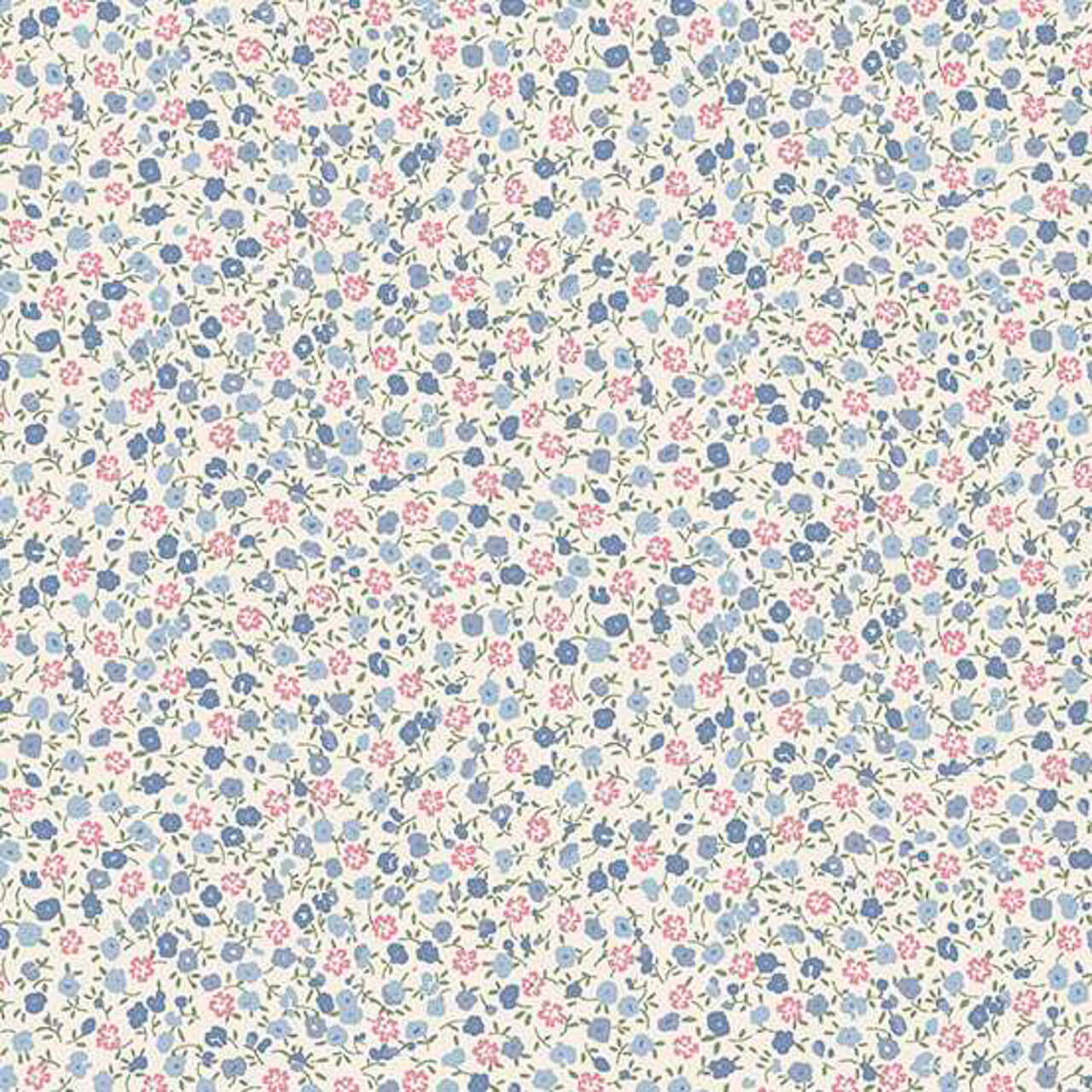 Makower UK Petite Fleur Ditzy Blue fabric with small blue and pink ditsy floral motif on cream cotton background