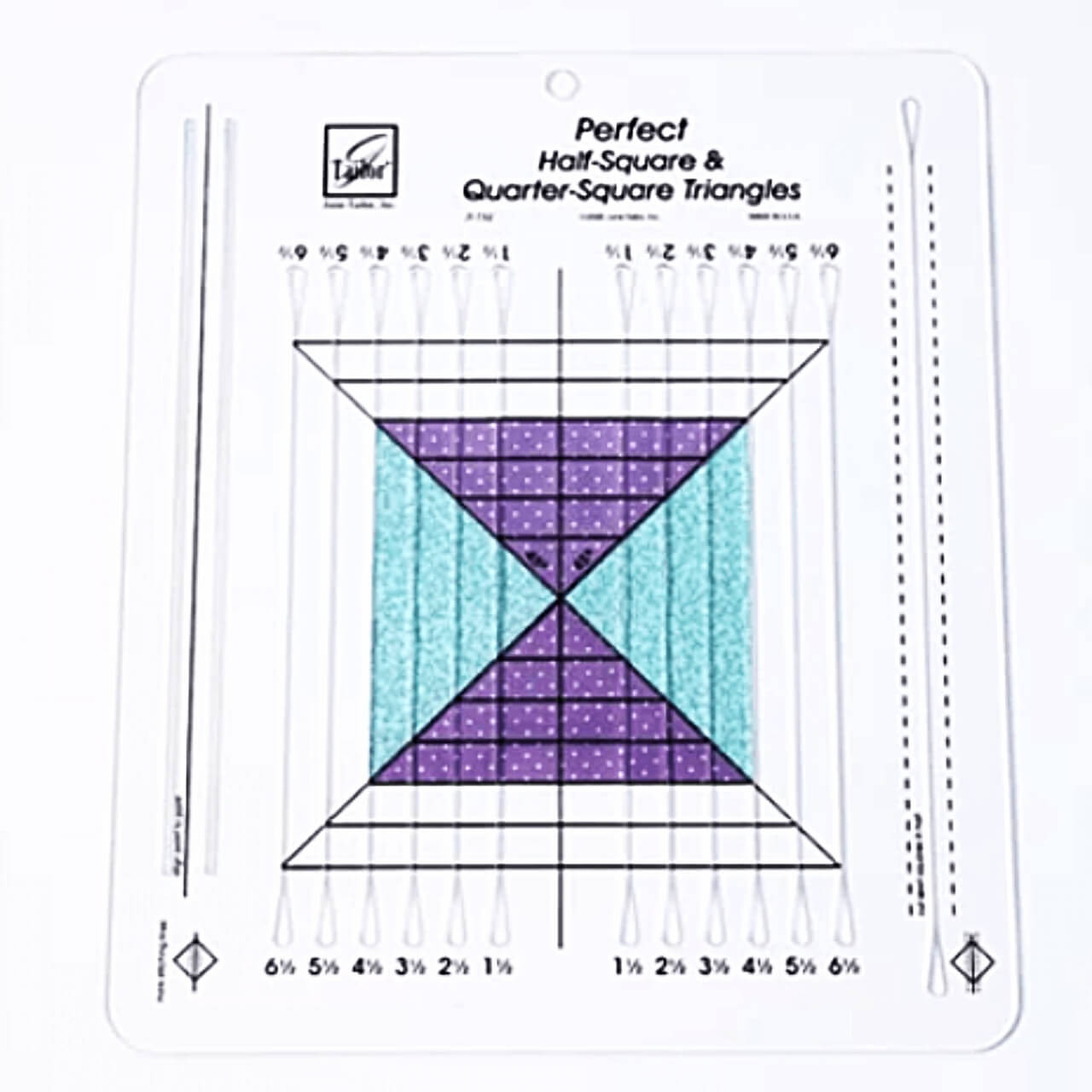 The June Tailor Half and Quarter Square Triangle Ruler is positioned over a quarter square triangle, with a patterned purple and solid teal fabric design, showcasing the ruler's utility in squaring up a QST for precise quilting work.