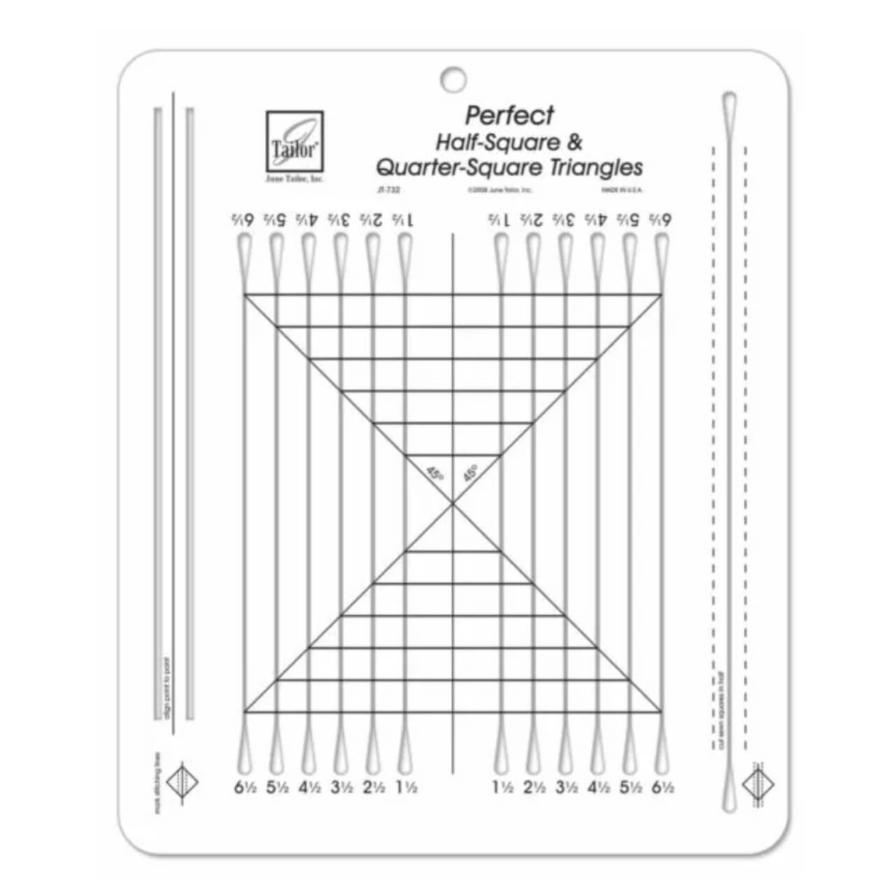 The Perfect Half-Square Triangles (HST) Ruler by June Tailor, a transparent quilting ruler with grid lines and diagonal guidelines for cutting half-square and quarter-square triangles in a variety of sizes.