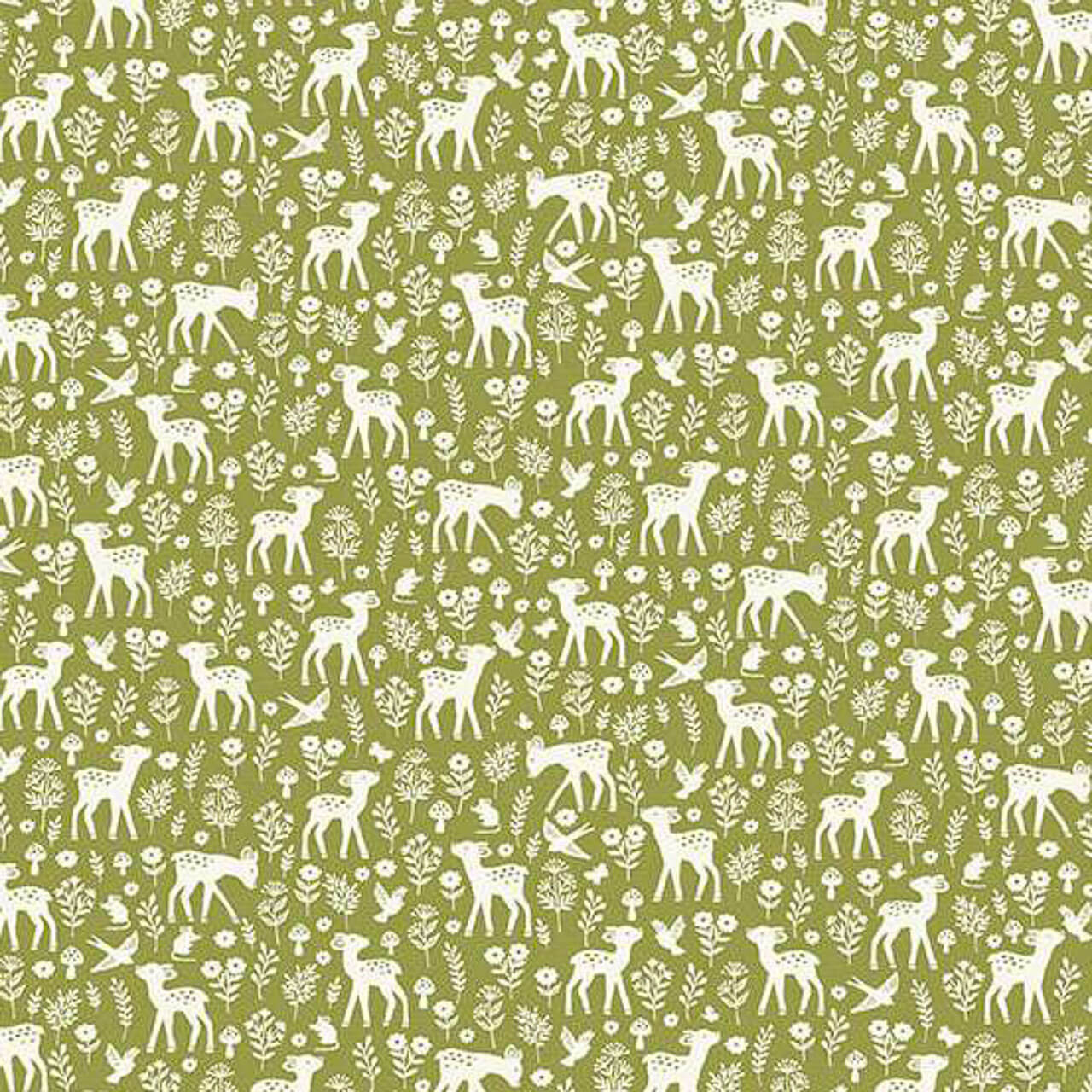 Makower UK Little Ones Deer Green fabric with white woodland deer on green cotton