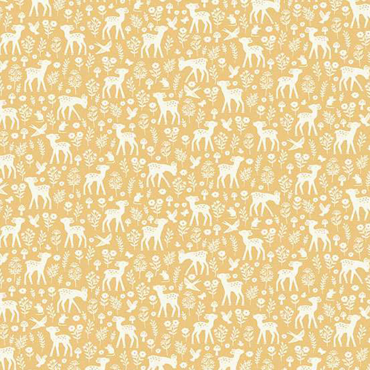 Makower UK Little Ones Deer Yellow fabric with white woodland deer on yellow cotton