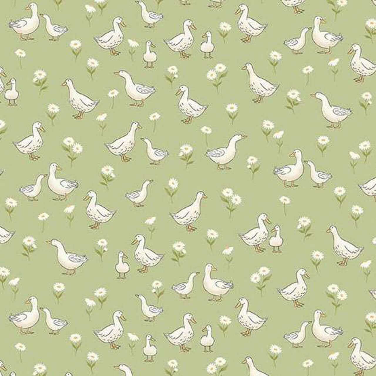 Makower UK Little Ones Ducks Green fabric with illustrated ducks and daisy motifs on soft green cotton print