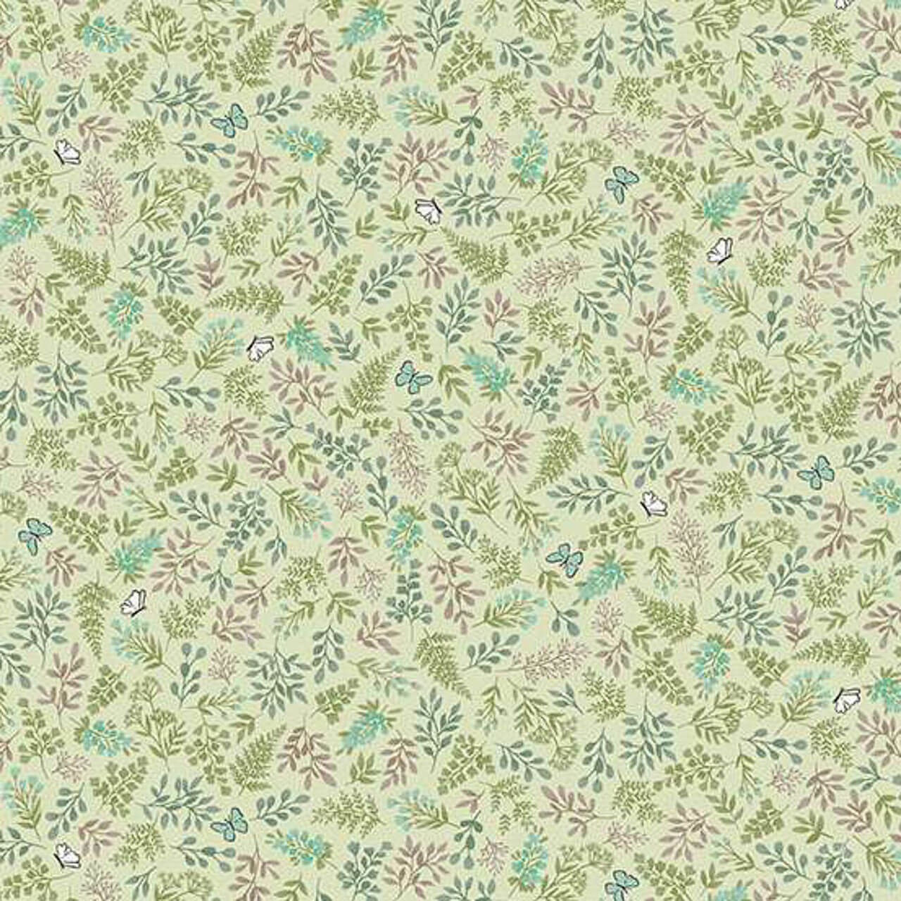 Makower UK Little Ones Foliage Green fabric with delicate foliage and butterfly motifs in soft green tones on cotton
