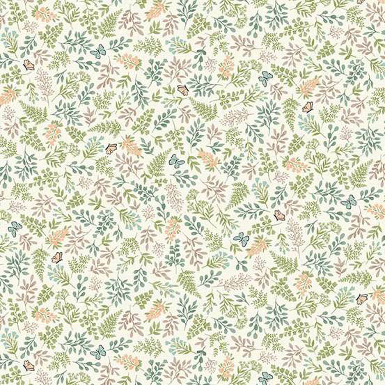 Makower UK Little Ones Foliage Cream fabric with delicate foliage and butterfly motifs in soft green and pastel tones on cream cotton