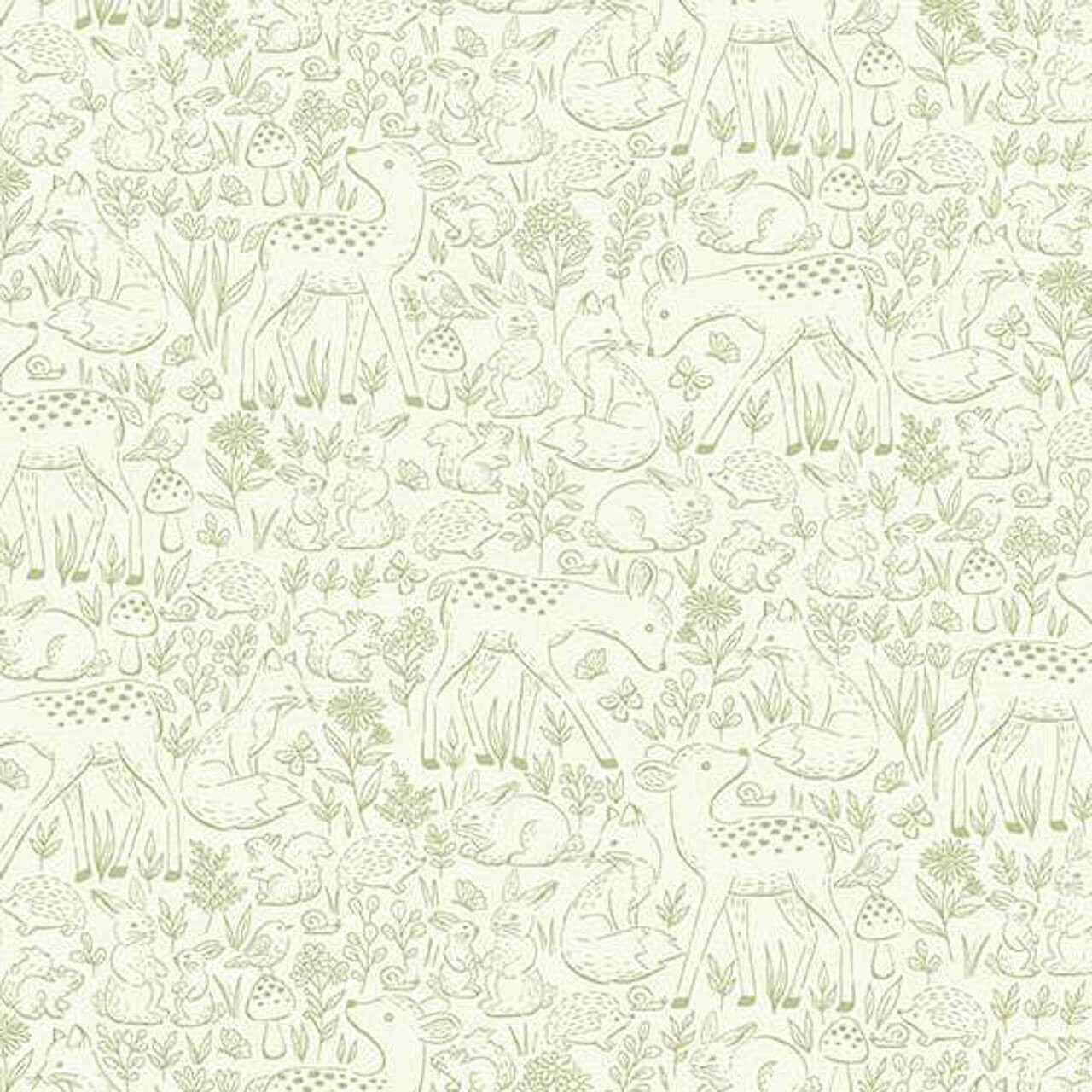 Makower UK Little Ones Etched Green fabric with delicate woodland animals and foliage in soft green linework on cream cotton