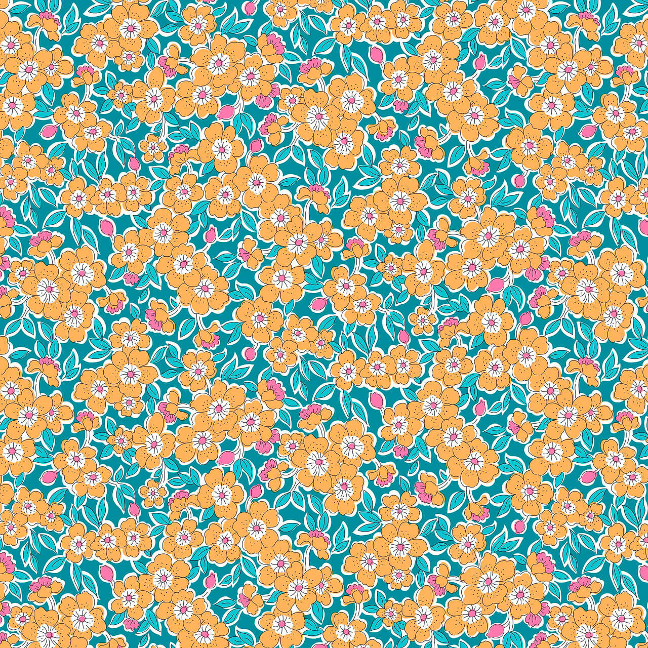 Liberty Gifts From The Garden Orange Flowering Blossoms teal background with orange floral blossoms pink buds and aqua leaves cotton quilting fabric