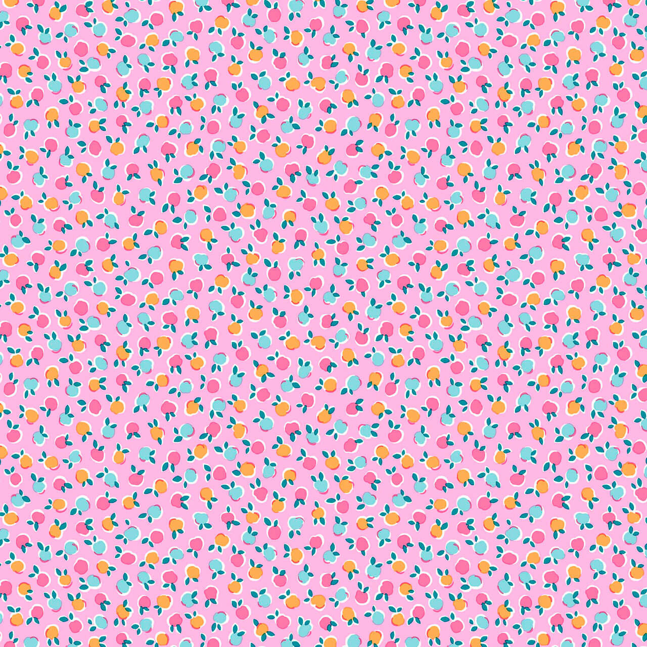 Liberty Gifts From The Garden Pink Fruit Twist pink background with teal coral and golden fruit motifs cotton quilting fabric