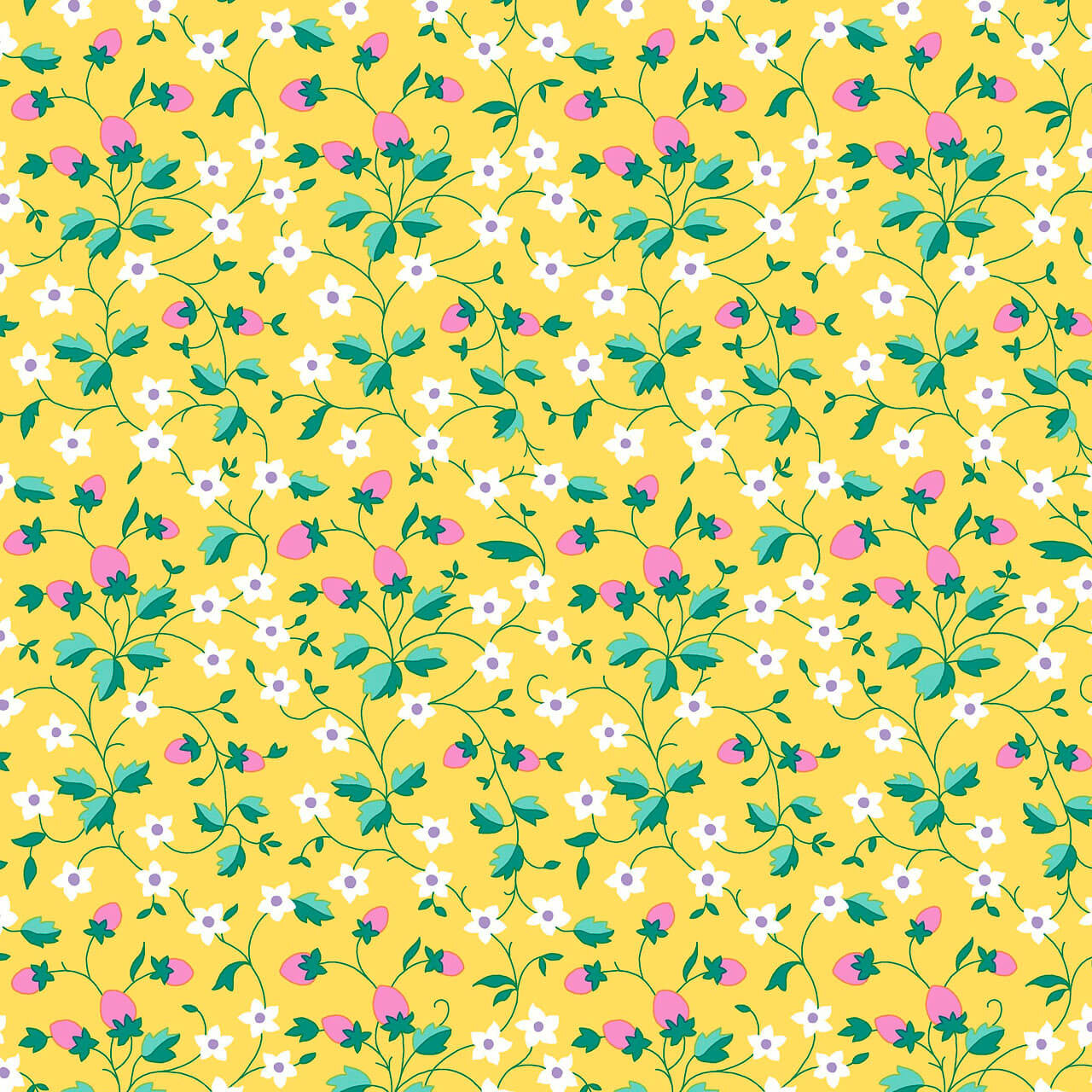 Liberty Gifts From The Garden Yellow Strawberry Picking yellow background with pink strawberries white blossoms and green leaves cotton quilting fabric