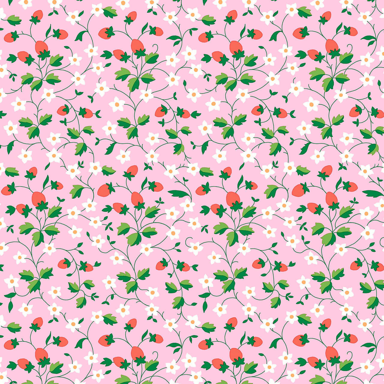 Liberty Gifts From The Garden Pink Strawberry Picking pink background with coral strawberries white flowers and green vines cotton quilting fabric