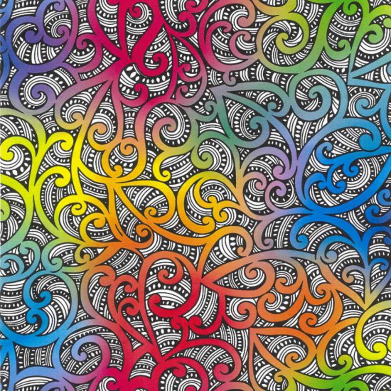 Nutex Koripi wide back cotton fabric with rainbow koru motifs over a black and white patterned background, ideal for quilt backing