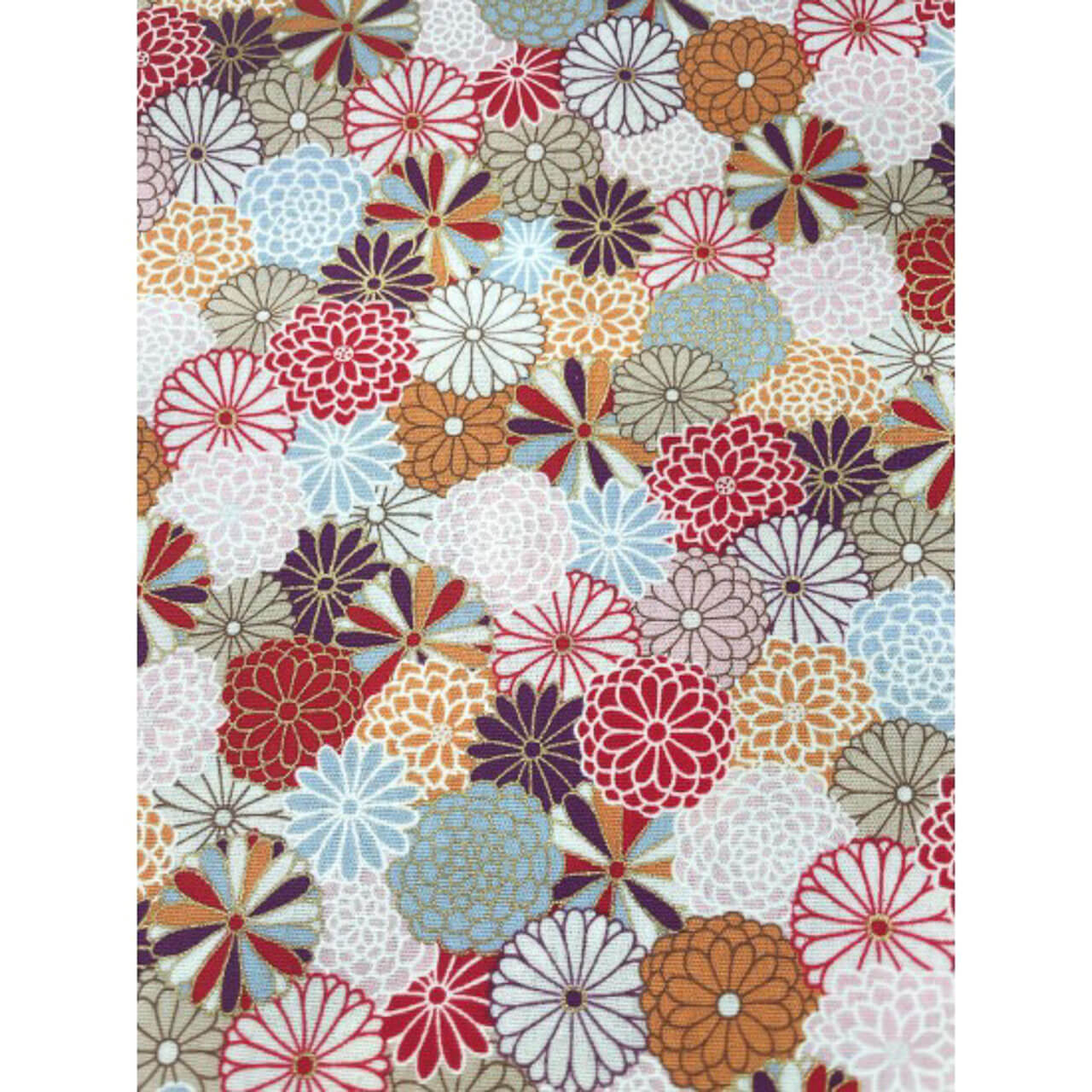Nutex Kata Metallic collection Kata Metallic 1 metallic floral quilting fabric with red, gold and neutral chrysanthemum blooms with metallic accents