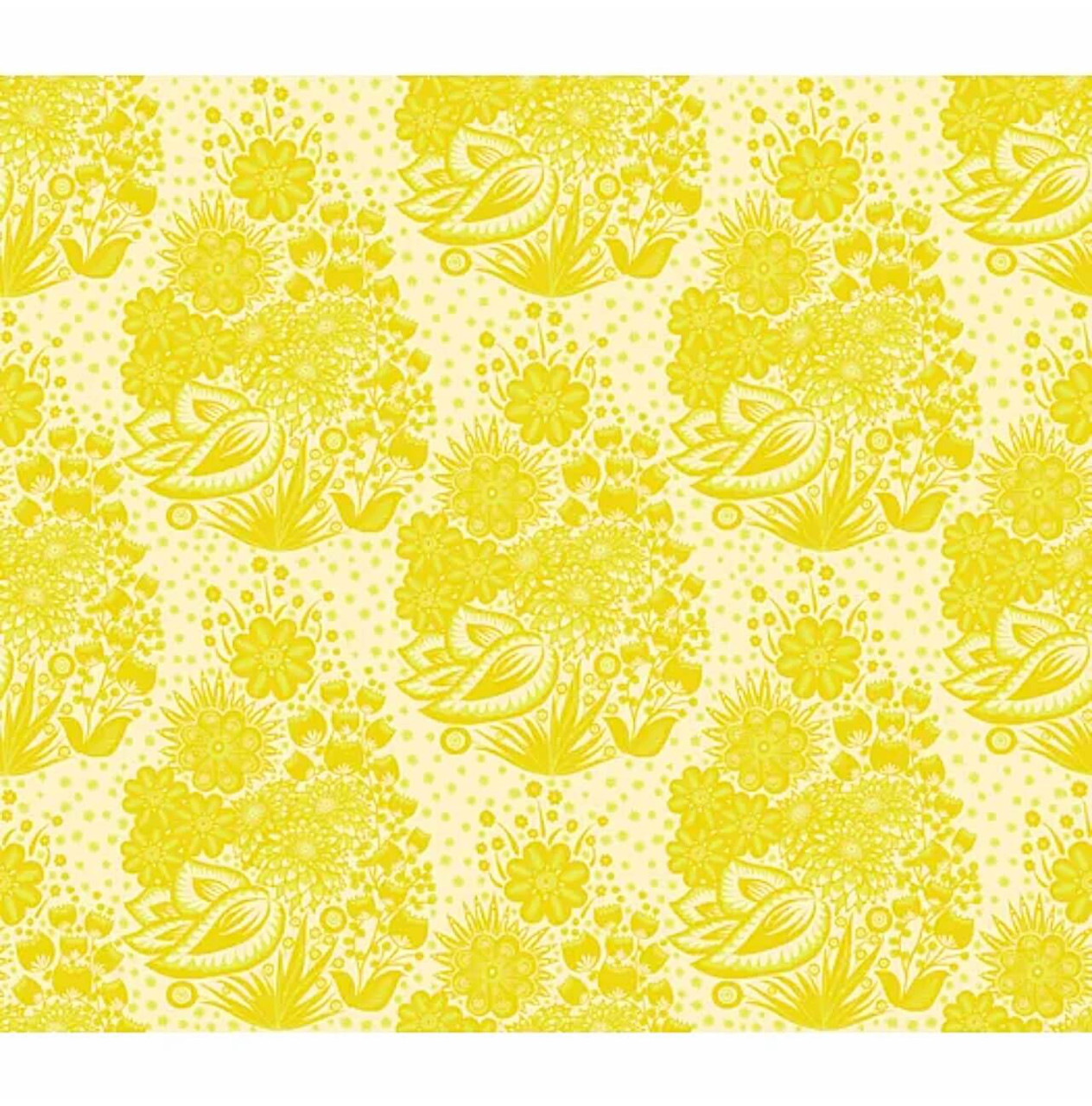 Northcott Fabrics Overdressed Yellow Totem yellow large-scale floral quilting cotton showing full repeating botanical pattern