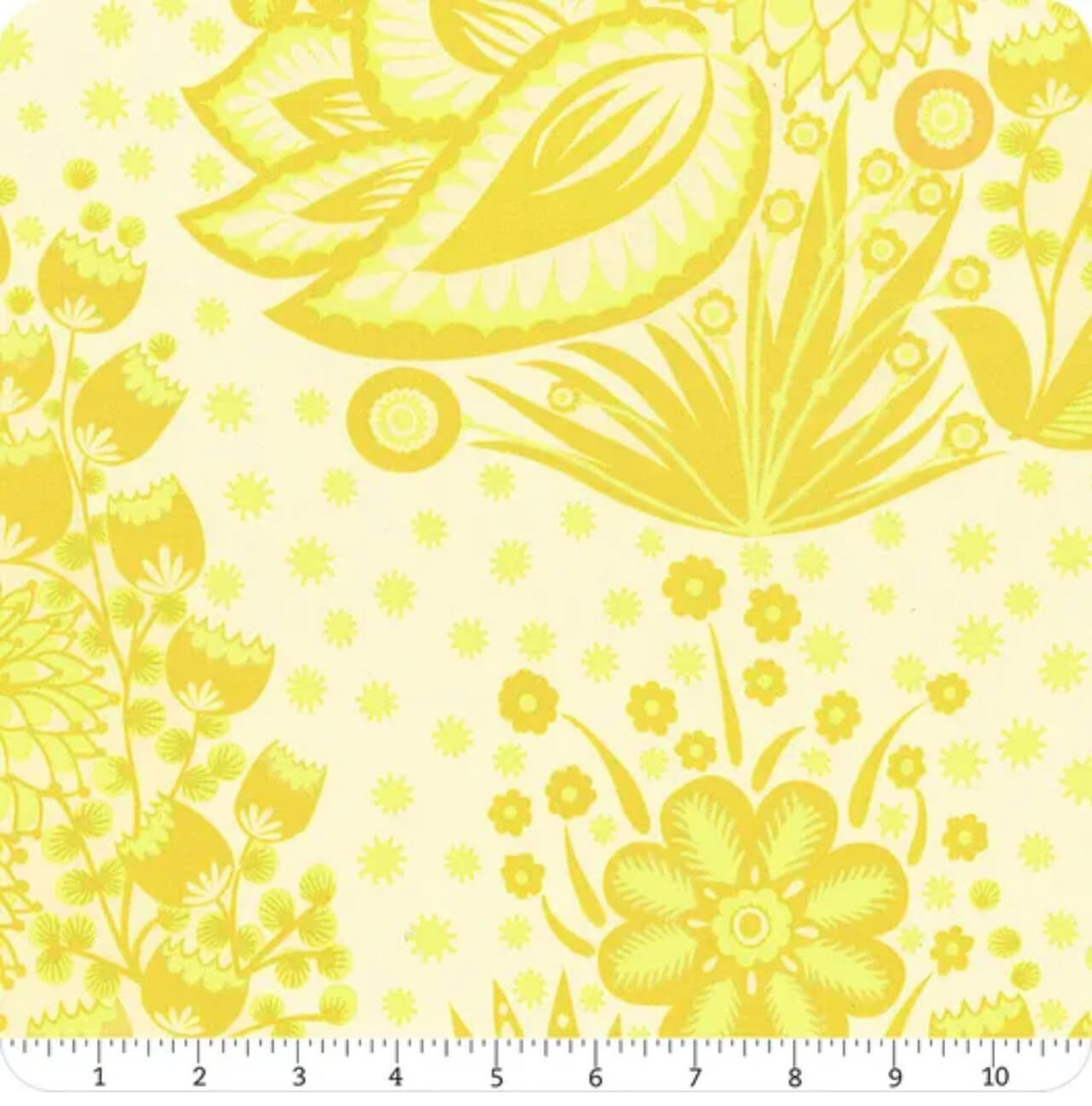 Northcott Fabrics Overdressed Yellow Totem yellow floral cotton with ruler showing large-scale botanical motif in inches