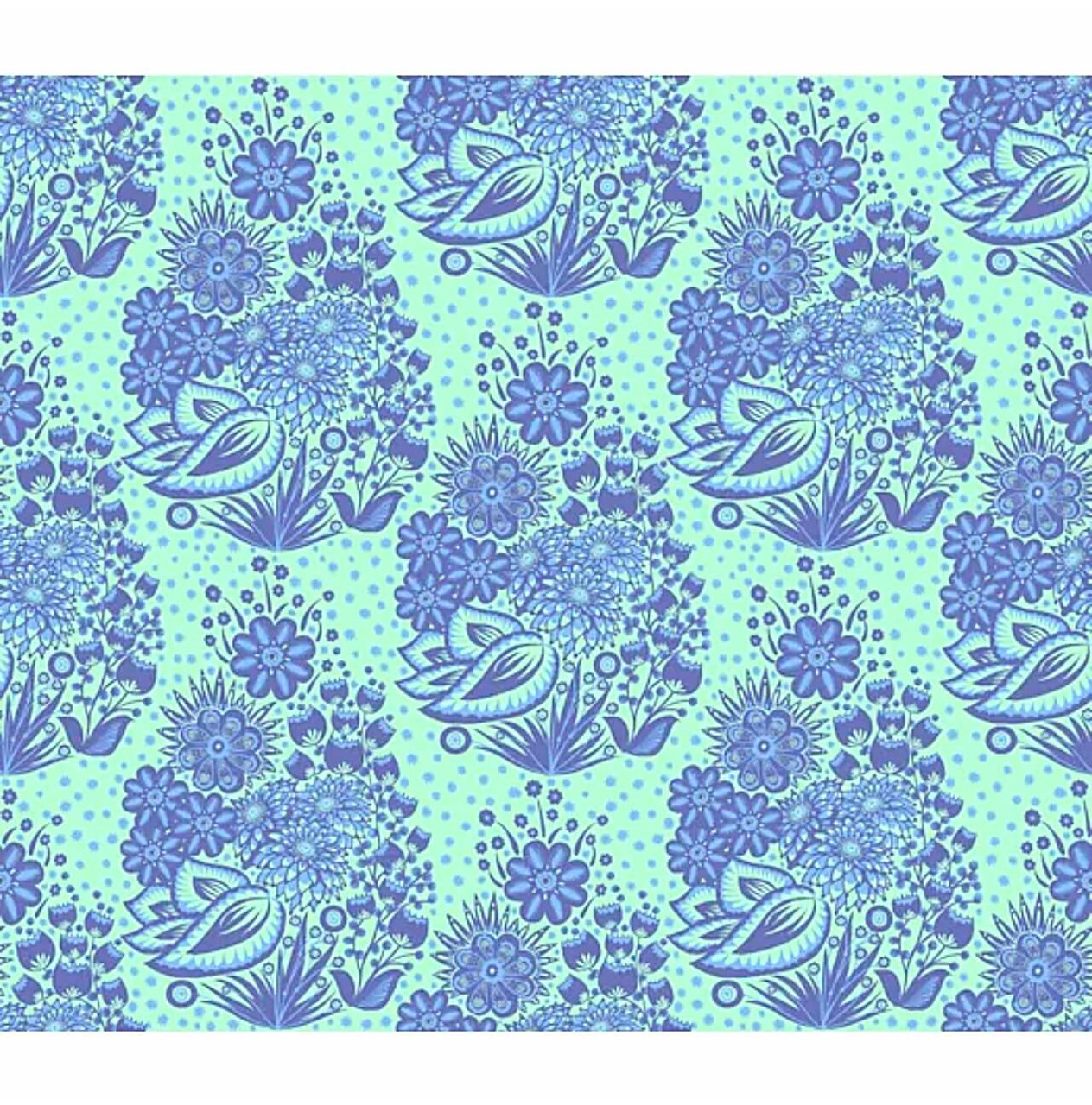 Northcott Fabrics Overdressed Blue Totem aqua and blue large-scale floral quilting cotton showing full repeating botanical pattern