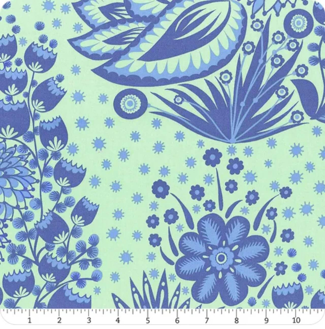 Northcott Fabrics Overdressed Blue Totem blue floral cotton with ruler showing large-scale botanical motif in inches