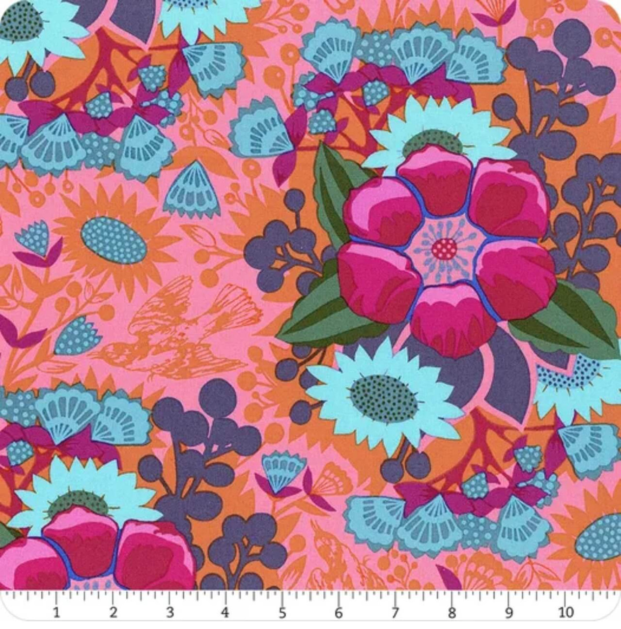 Northcott Fabrics Overdressed Juicy Centerpiece multicolour floral cotton with ruler showing large-scale botanical motif in inches