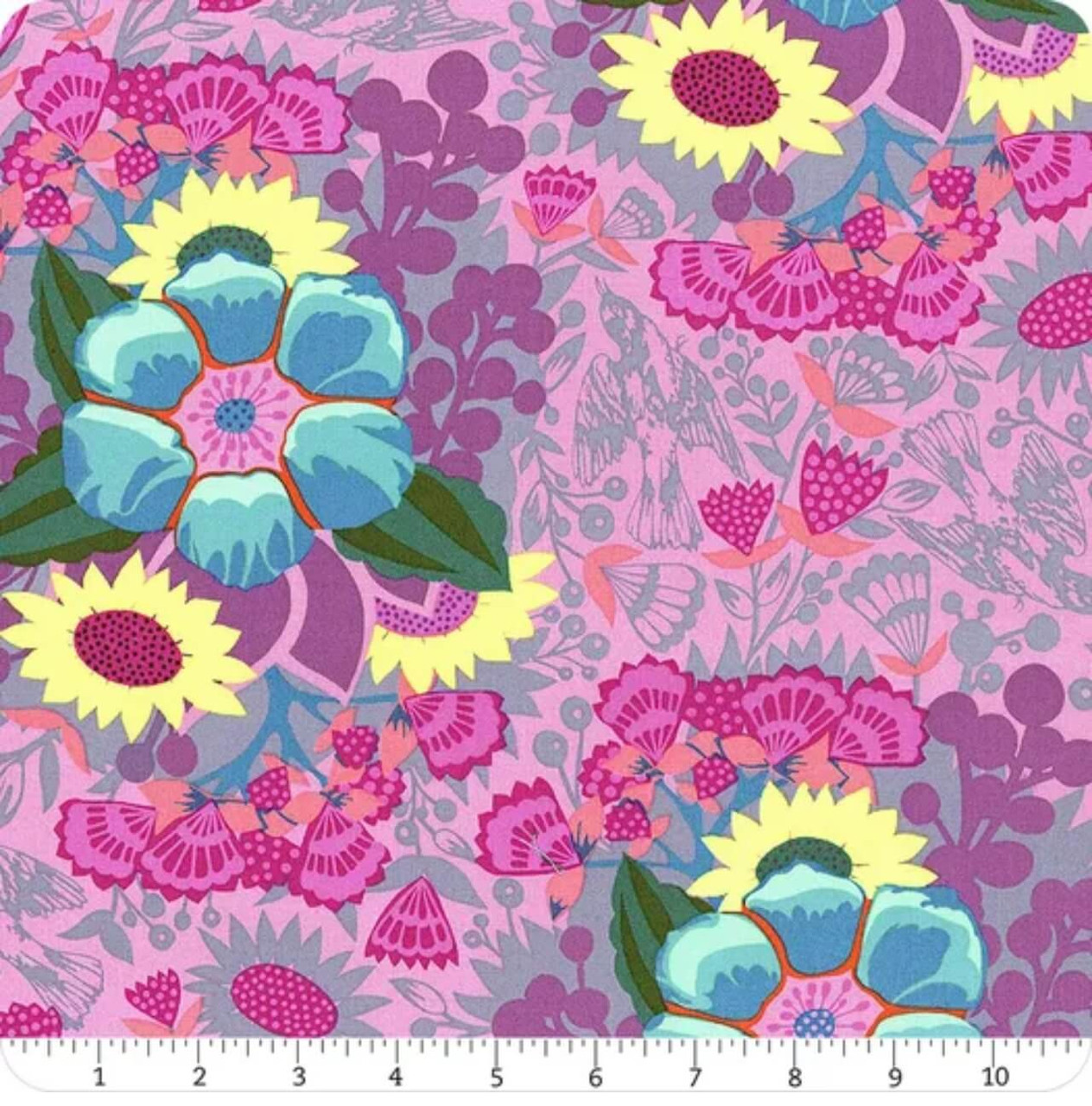 Northcott Fabrics Overdressed Grape Centerpiece violet floral cotton with ruler showing large-scale botanical motif in inches