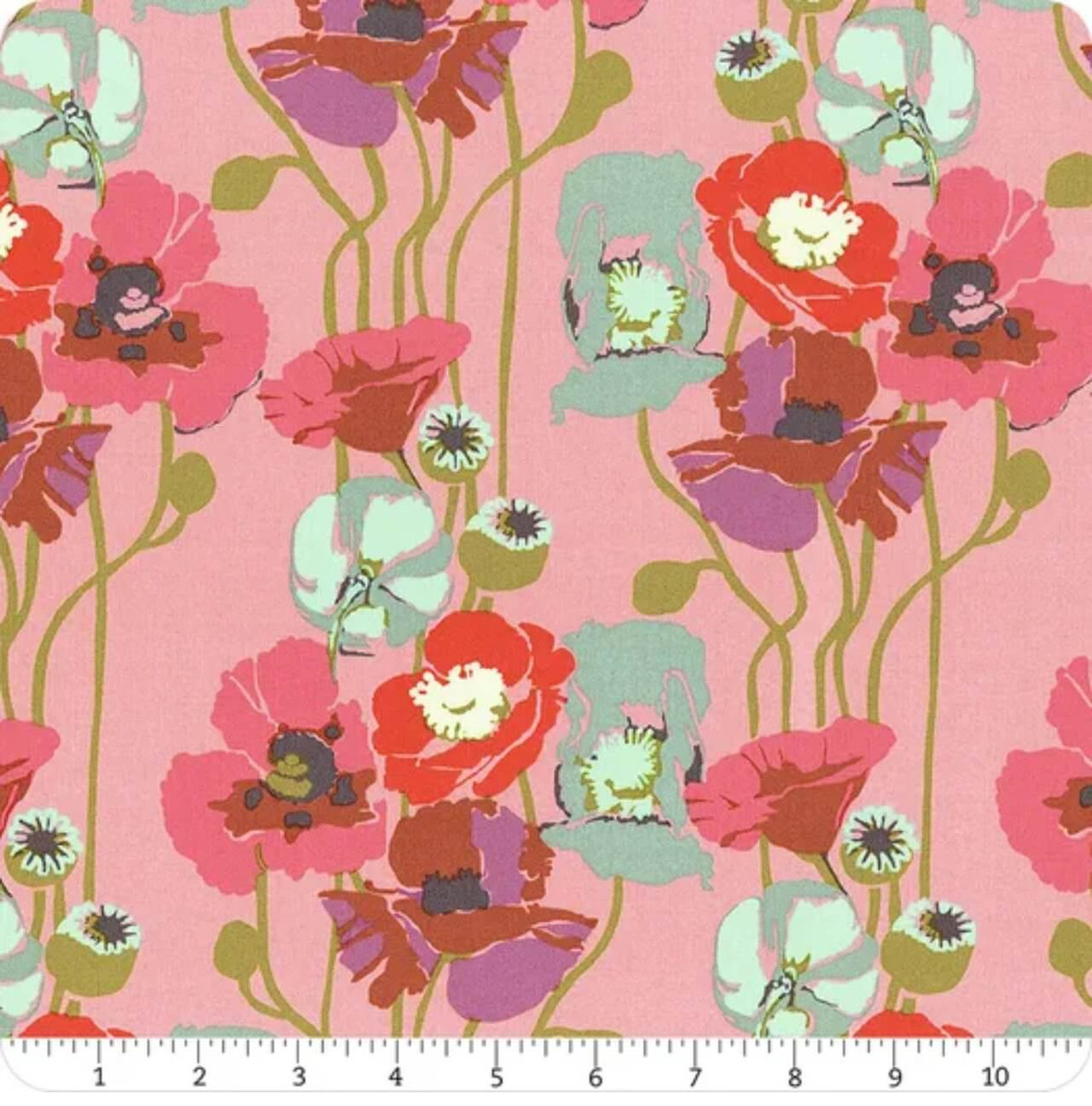 Northcott Fabrics Overdressed Haze Pouring Poppies pink poppy floral cotton with ruler showing large-scale vertical motif in inches