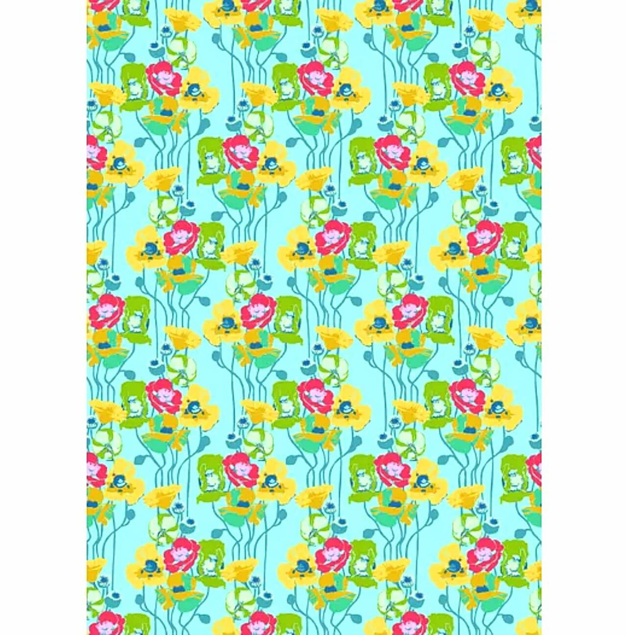 Northcott Fabrics Overdressed Clear Pouring Poppies aqua and yellow poppy floral quilting cotton showing full repeating pattern