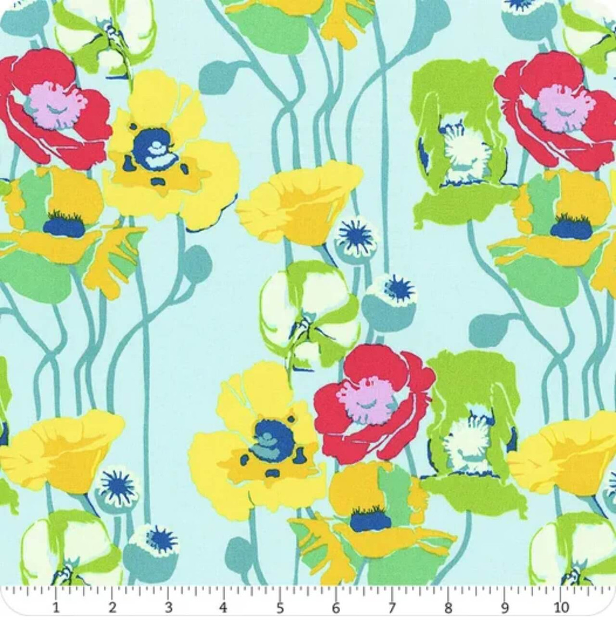 Northcott Fabrics Overdressed Clear Pouring Poppies aqua poppy floral cotton with ruler showing large-scale vertical motif in inches