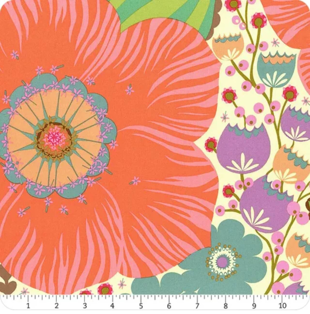 Northcott Fabrics Overdressed Haze Pouring Poppies pink floral cotton with ruler showing large-scale poppy design in inches