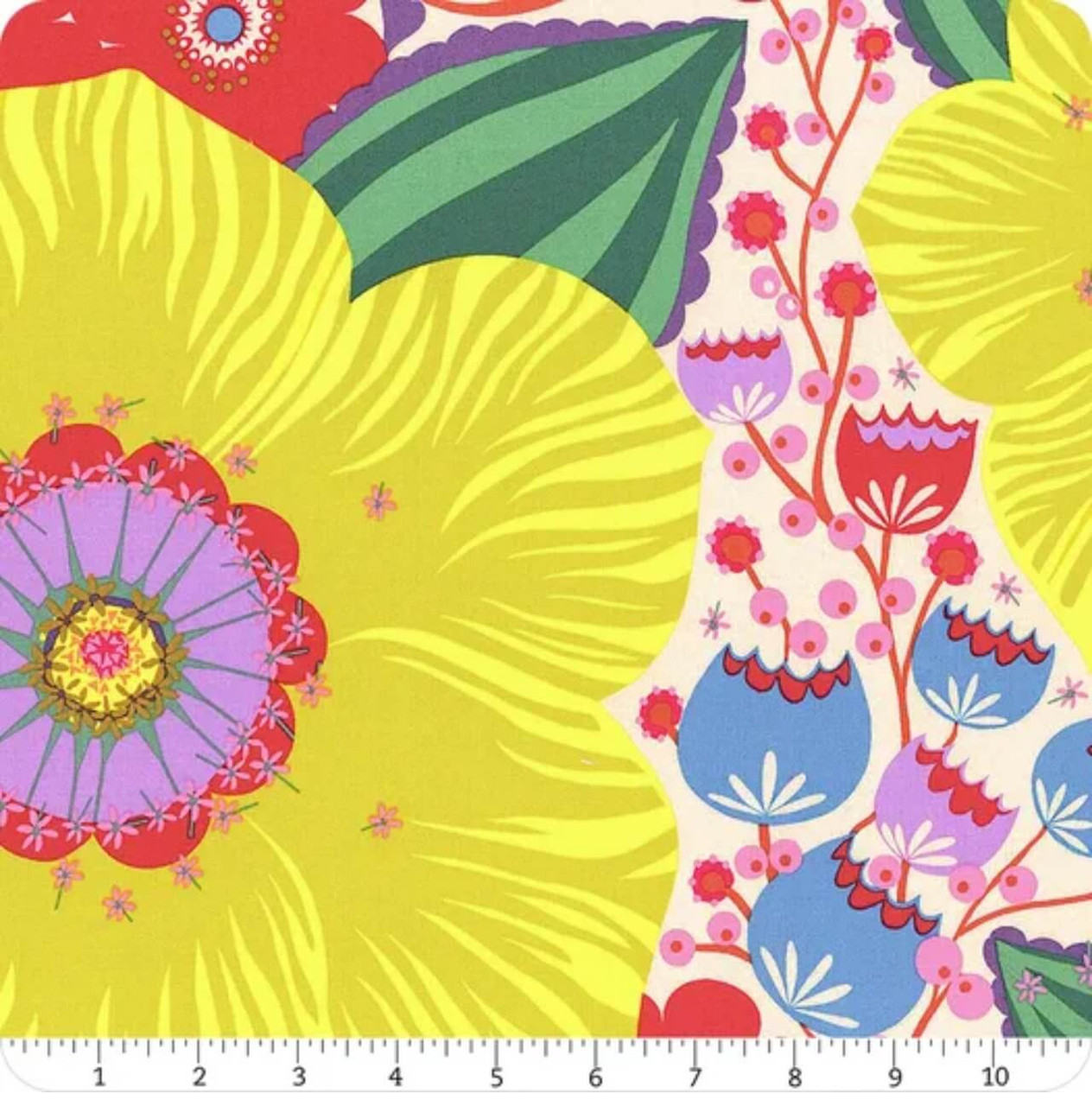 Northcott Fabrics Overdressed Primary Honorable Mention yellow floral cotton with ruler showing large-scale botanical motif in inches