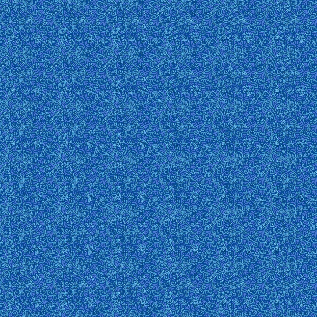 Deep azure blue fabric featuring intricate swirling wave motifs in tonal blues, inspired by flowing ocean currents, part of the Thousand Steps collection by Andover Fabrics.