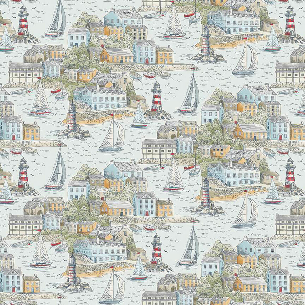 Light blue fabric featuring a coastal village scene with lighthouses and sailboats from the High Tide Collection by Makower Fabrics