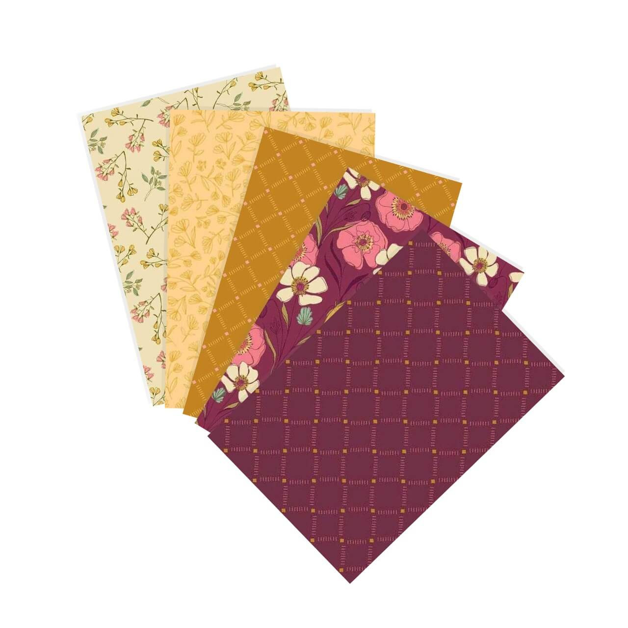Meadow Walk Poppies fat quarter bundle showing five coordinating floral and geometric prints in cream, gold, and deep raspberry tones