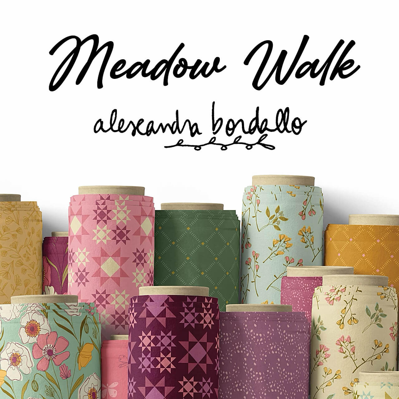 Fabric bolts from the Meadow Walk collection by Alexandra Bordallo for Andover Fabrics, arranged in a row showing a variety of floral, geometric, and textural prints in coordinating spring colours including blush, raspberry, mint, and golden yellow.