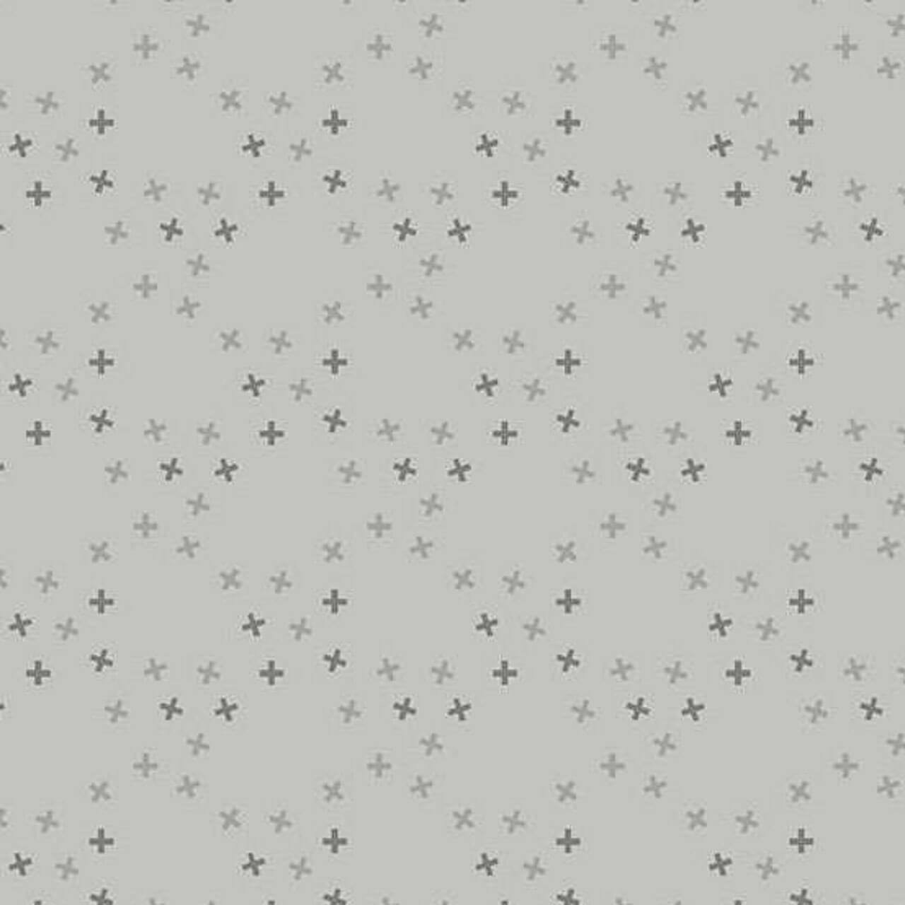 Andover Fabrics Moody Hues X Toss Nickle quilting cotton with scattered grey cross motif on soft nickel grey background