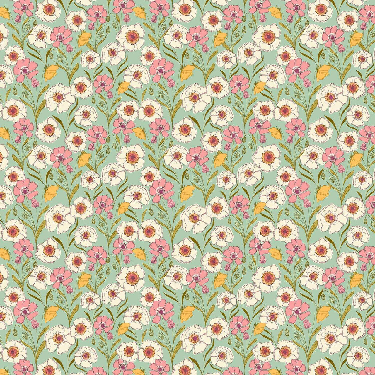 Close-up of Poppies Meadow Spring fabric from Andover Fabrics’ Meadow Walk collection, featuring pink and ivory poppies, golden buttercups, and meadow grasses on a soft spring-green background.
