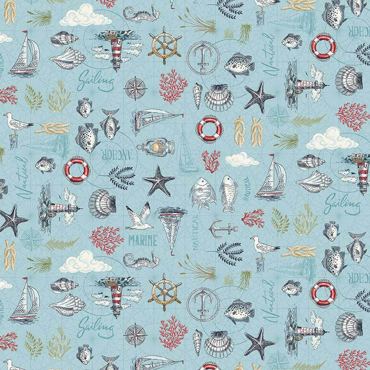 Light blue fabric featuring nautical icons like anchors, sailboats, and lighthouses from the High Tide Collection by Makower Fabrics