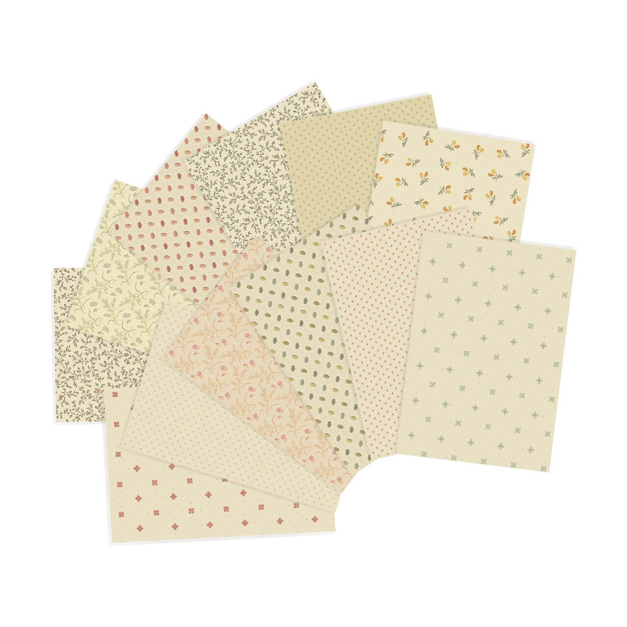 Laundry Line fat quarter bundle by Laundry Basket Quilts for Andover Fabrics showing 12 coordinating cream-based quilting fabrics with small floral and geometric prints.
